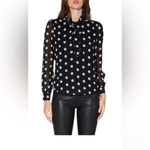 WALTER BAKER Blouse Black and White Polka Dot Neck Tie XS